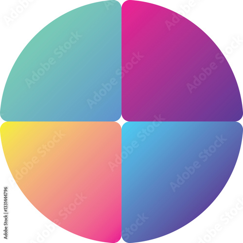 Vibrant tetradic color wheel vector, a globally recognized tool for color theory. This design, featuring four distinct segments with smooth gradients, showcases harmonious color relationships.