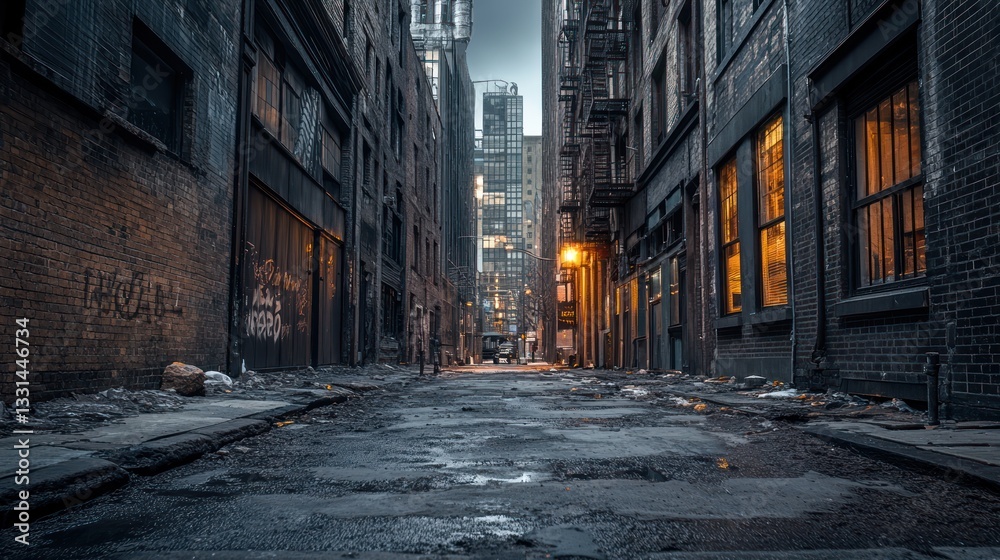 Fototapeta premium Dark Alley, Cityscape, Dusk, Gritty