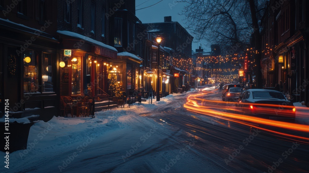 Naklejka premium Snowy Street, Night Lights, Cityscape, Winter