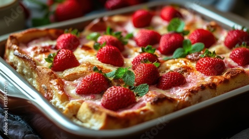 Strawberry bread pudding, kitchen, baked
