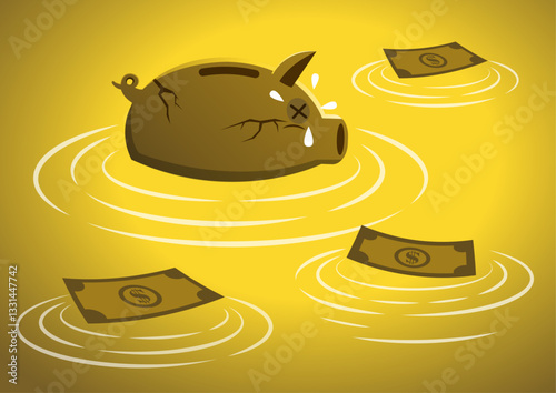 A piggy bank drowning in dark murkey water