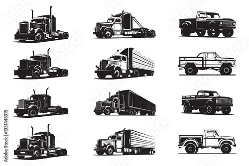 A vector silhouette illustration of a truck set on a white background