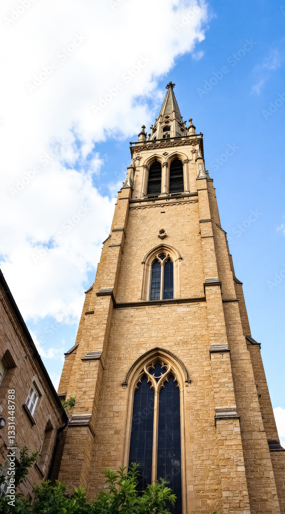tall church tower with pointed arches against a bright blue sky tall church tower with pointed arches against a bright blue sky
