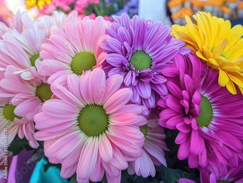 Vibrant Bouquet of Colorful Chrysanthemums Showcasing Pink, Purple, and Yellow Blooms Against a Soft Background in Natural Light