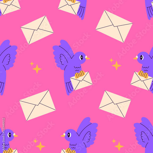 Homing Pigeon with Letter Seamless Pattern. Paper Mail Postage Postal Background with flying bird holding envelop in paws. Hand drawn colorful repeat vector illustration in flat style
