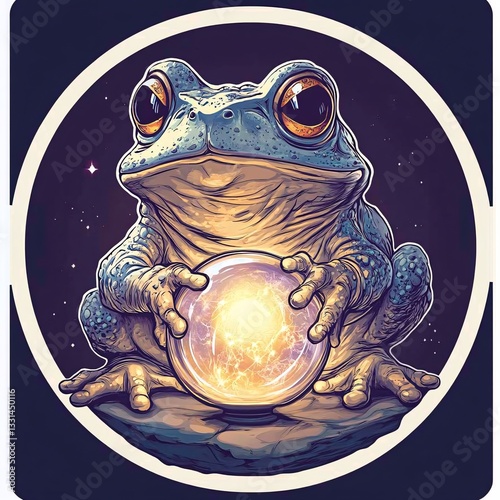 A sticker logo of a fortune-telling toad with a glowing crystal ball