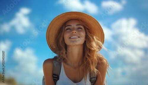 A solo female traveler enjoying a sunny beach vacation, smiling with a relaxed expression, wearing a hat and sunglasses, with the blue sky in the background.