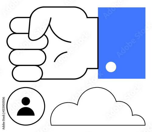 Hand fist representing power and determination, user profile icon, and cloud symbol. Ideal for leadership, teamwork, communication, decision-making, digital concepts, resilience and abstraction in