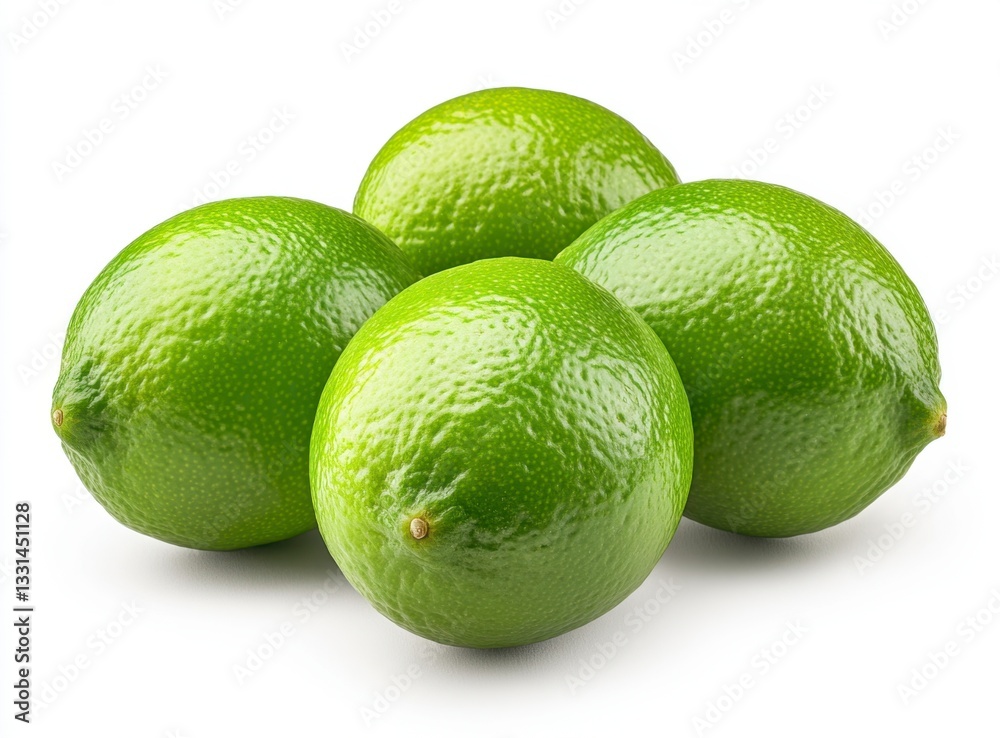 Four bright green limes arranged closely together on a white background. The limes are round and appear juicy and fresh. Four bright green limes arranged closely together on a white background. The limes are round and appear juicy and fresh.