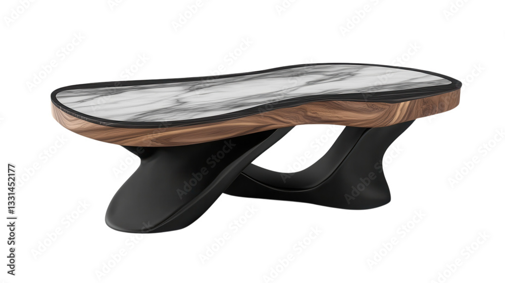 Coffee table featuring a unique design with a marble top and organic wooden base, suitable for modern interiors and elegant spaces Coffee table featuring a unique design with a marble top and organic wooden base, suitable for modern interiors and elegant spaces