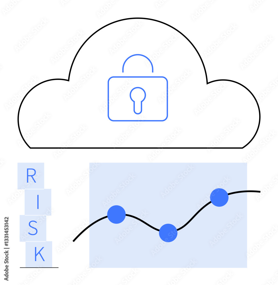 Cloud with padlock represents security, stacked RISK blocks align with risk management, and line graph with data points reflects analytics. Ideal for data security, risk analysis, online safety, IT Cloud with padlock represents security, stacked RISK blocks align with risk management, and line graph with data points reflects analytics. Ideal for data security, risk analysis, online safety, IT