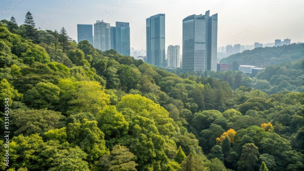 Fototapeta premium Urban Skyline Behind Lush Green Forest