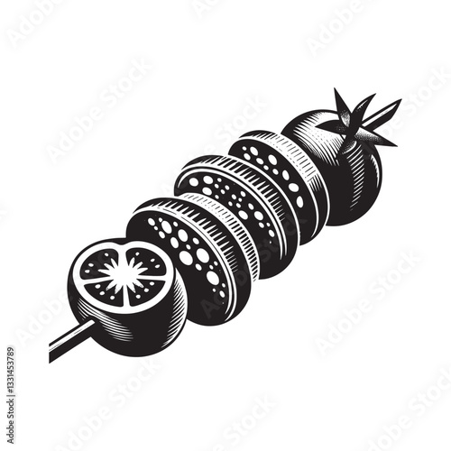 antipasto skewer with salami and cherry tomatoes in minimalist clean woodcut drawing, 0118