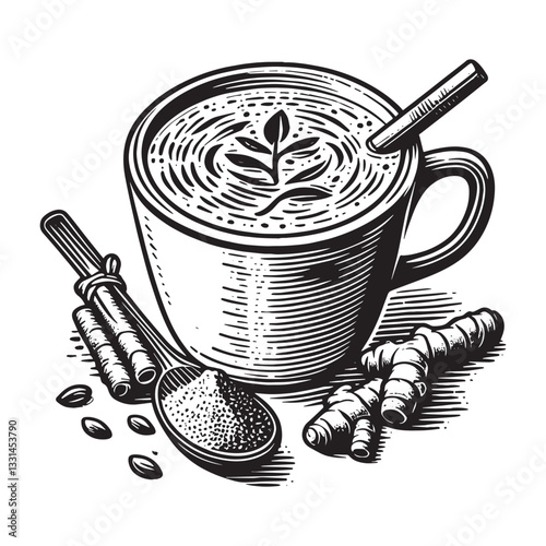 Aromatic Turmeric Latte Illustration in Minimalist Woodcut Style, Isolated on White