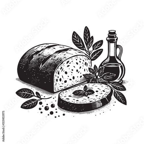 Artistic presentation of fresh ciabatta with olive oil and aromatic herbs in a woodcut style