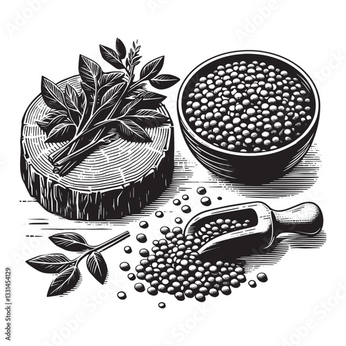 Artistic monochrome drawing showcasing lentils, leaves, and wood grain textures