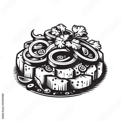 Artistic rendition of fish ceviche with vibrant toppings in a woodcut style