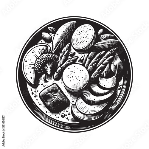 Artistic rendition of Thai green curry with assorted vegetables in a bowl