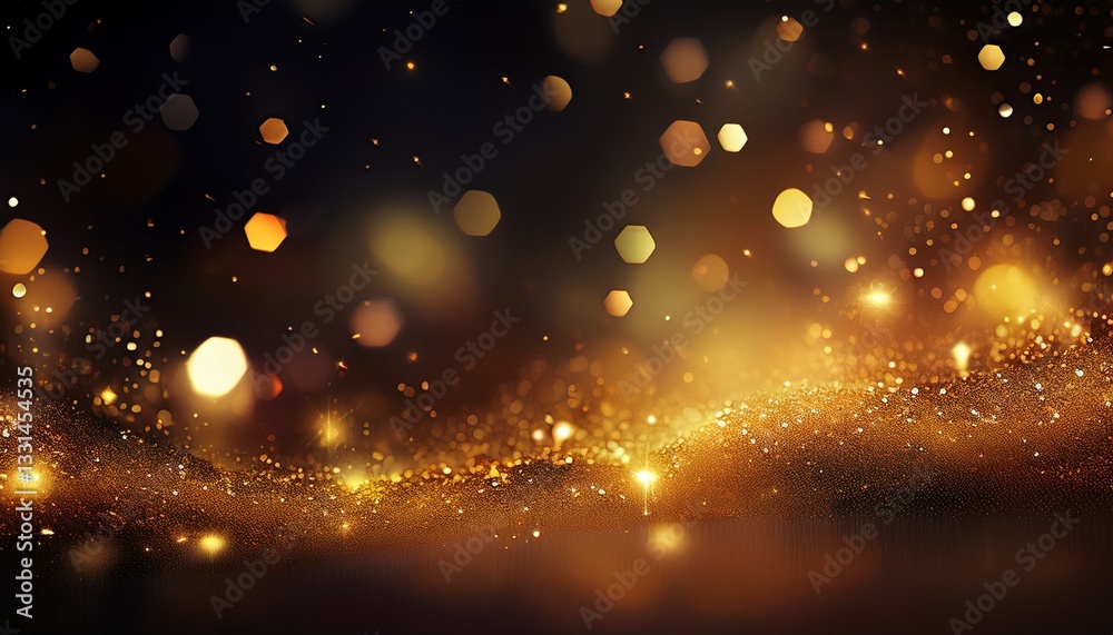 Naklejka premium Diamond dust effect with shimmering bokeh lights on an elegant dark background accented by golden particles