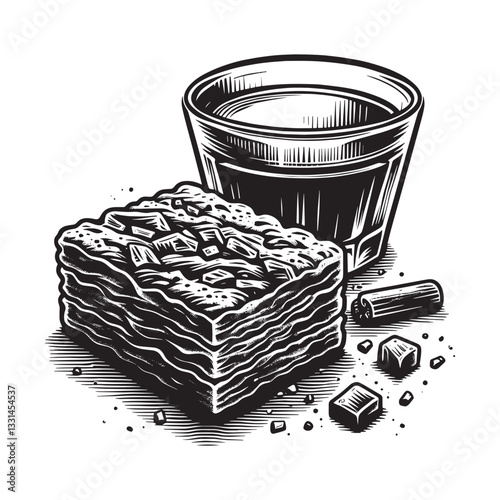 brandy snap with caramelized flavor in minimalist clean woodcut drawing, 0610
