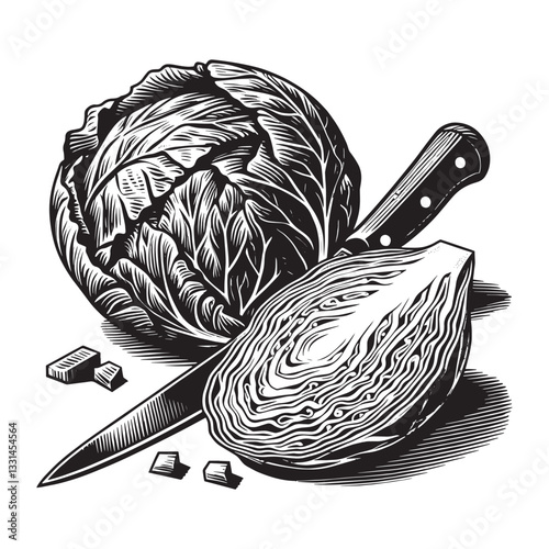Cabbage vegetable in minimalist clean woodcut drawing, 0796
