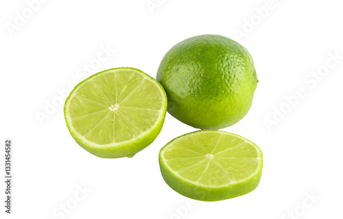 Whole lime, half lime and green lime slice, isolated on transparent background.  Fruit and healthy eating concept. PNG format