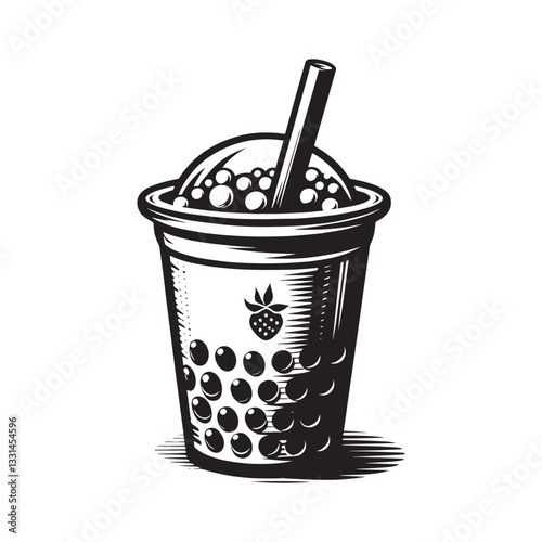 Bubble Tea Cup in minimalist clean woodcut drawing,