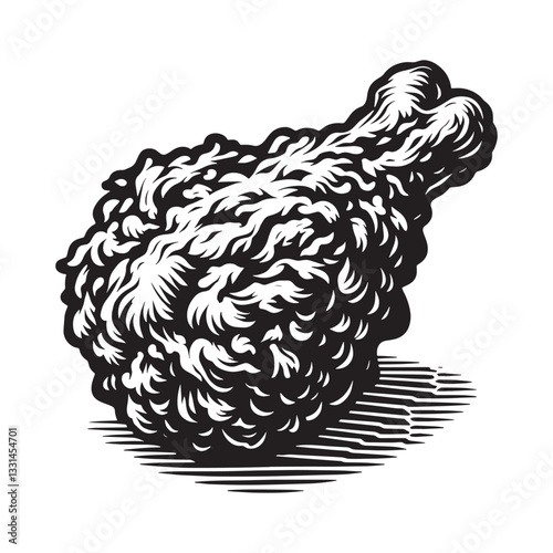 crispy fried chicken in minimalist clean woodcut drawing, 1529