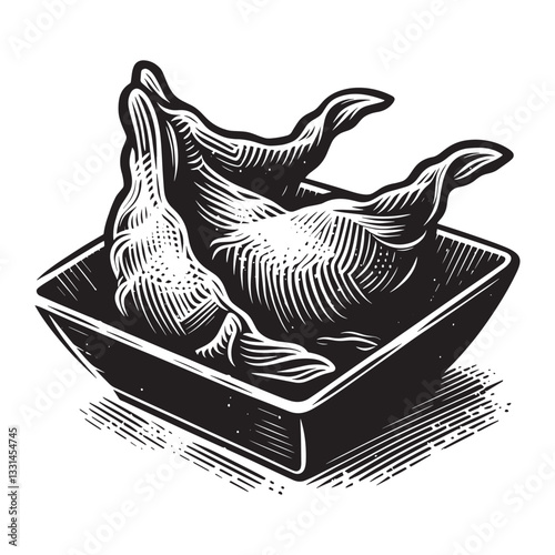 crispy crab rangoon in minimalist clean woodcut drawing, 1518