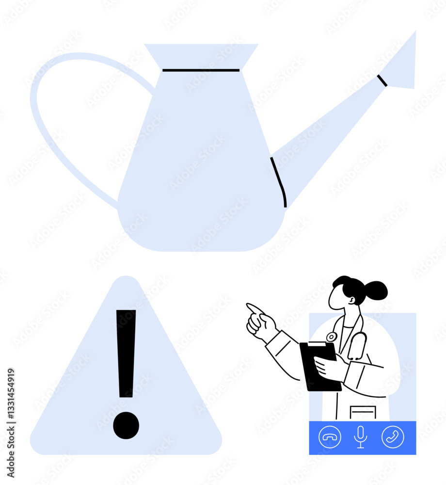 Obraz premium Watering can, triangle warning sign with exclamation mark, and doctor holding clipboard on video call interface. Ideal for healthcare, environment, technology, online consultation, alerts