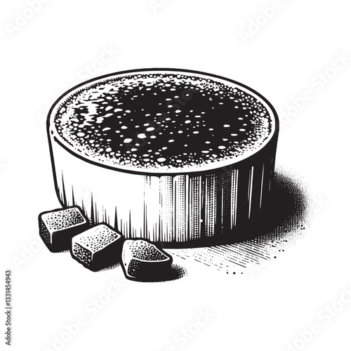 Crème brûlée minimalist dessert art with caramelized sugar and woodcut design