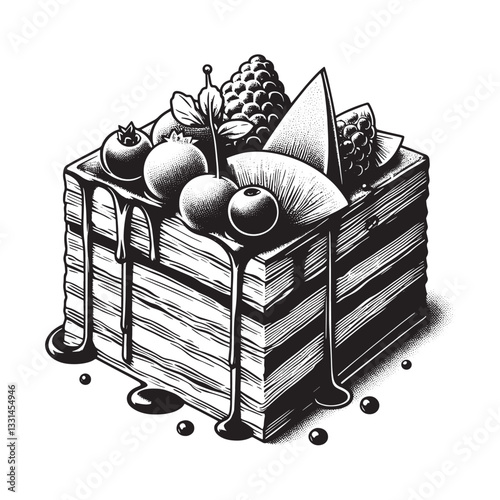 Delicate woodcut illustration of layered cake with decadent sauce and fruit adornments