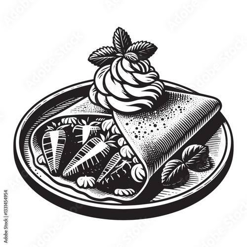 Delicate woodcut of a strawberry and cream filled crepe on a plate graphic