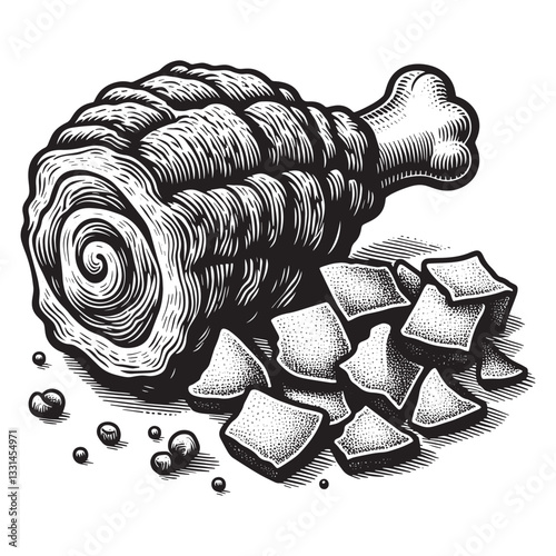 Crispy pork knuckle illustration with crackling in clean woodcut style artwork