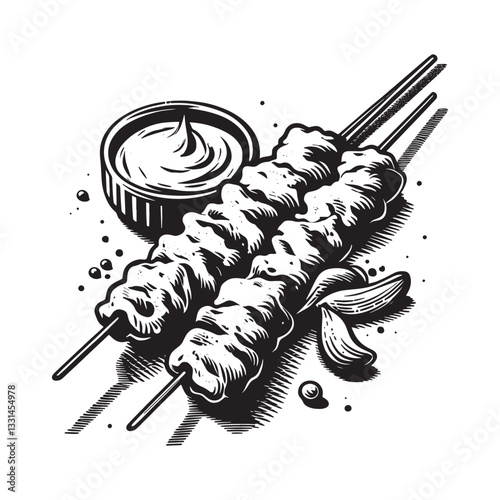 Delicious chicken satay skewers with creamy peanut dipping sauce illustration