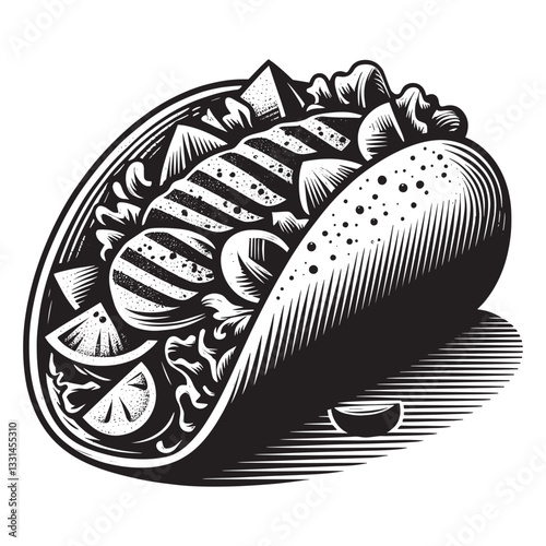 Detailed woodcut illustration of a soft taco filled with grilled chicken and vegetables