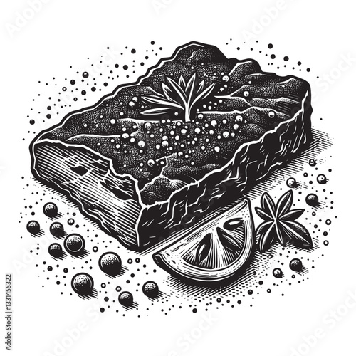 Detailed woodcut illustration showcasing seasoned beef jerky with lemon zest