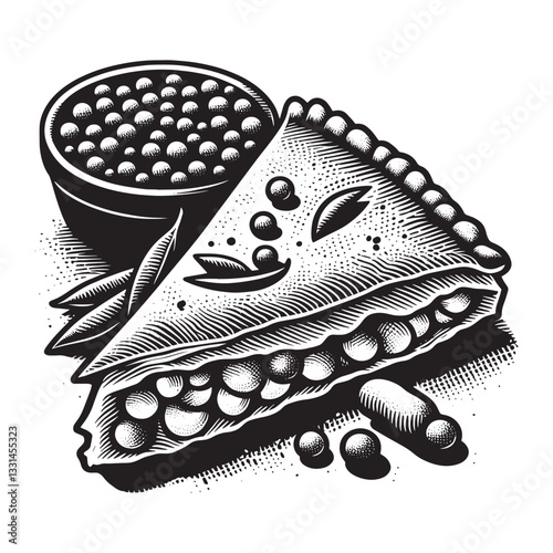 Detailed woodcut illustration showcasing a samosa with peas and potato filling