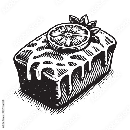 Detailed woodcut style illustration of a tangy lemon drizzle cake dessert