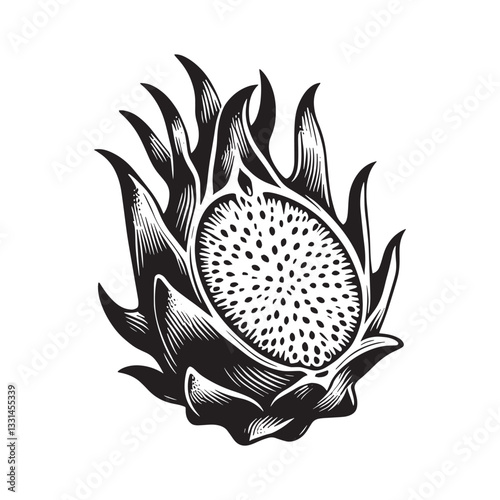 Dragonfruit half in minimalist black and white woodcut style illustration