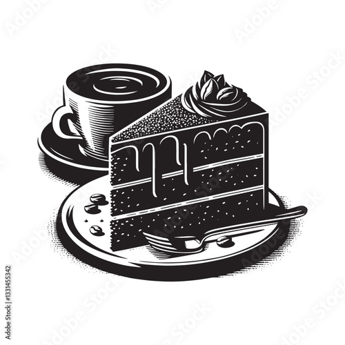 devil's food cake with a hint of coffee in minimalist clean woodcut drawing, 1686