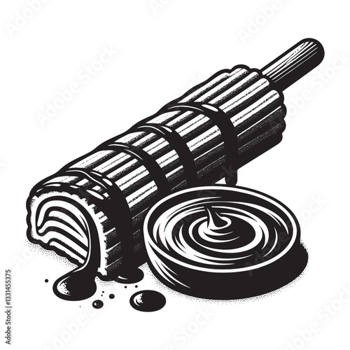 Delicious churro treat with rich chocolate sauce in clean woodcut drawing
