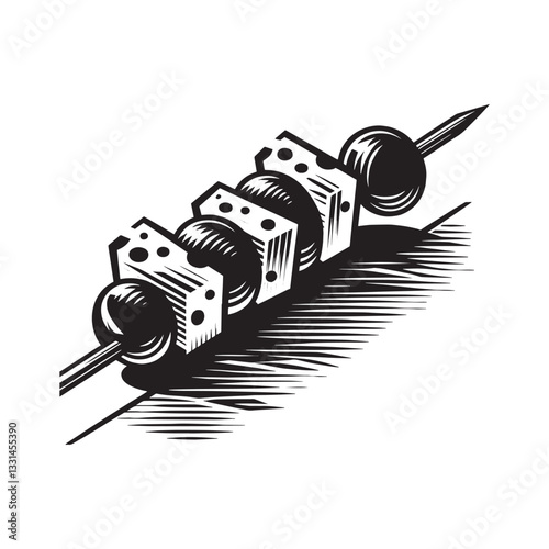 Elegant antipasto skewer featuring cheese and olives in a modern woodcut design