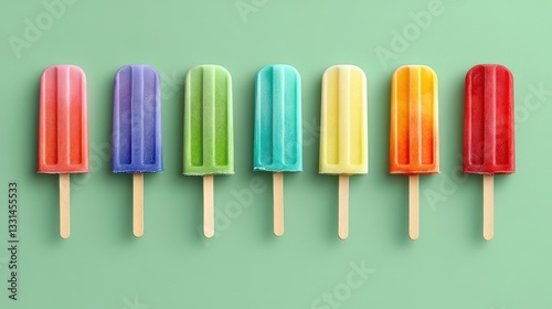 Rainbow popsicles in a row on green. Perfect for summer, food, and refreshment themes.