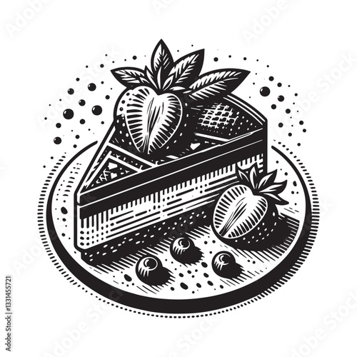 Elegant chocolate torte illustration with strawberries and blueberries topping