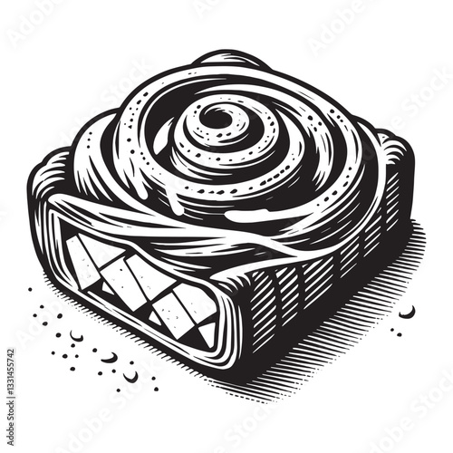 Elegant Danish Pastry Illustration with Cheese Filling in Woodcut Style