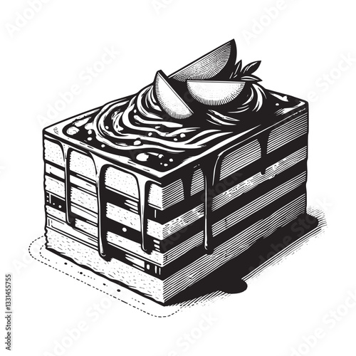 Elegant dobos torte illustration with caramel topping, woodcut style artwork