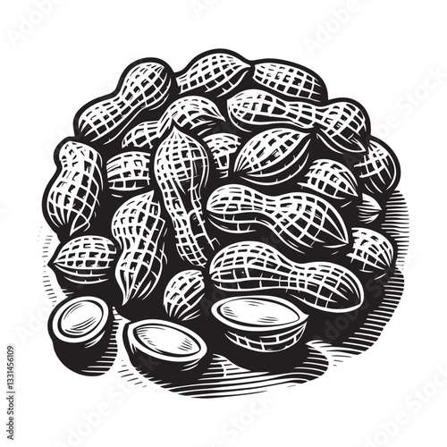 Elegant minimalist woodcut art showcasing a cluster of delectable peanuts