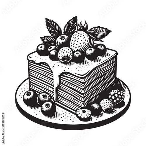 Elegant mille crepe cake with fresh berries in minimalist woodcut style illustration