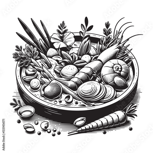Elegant monochromatic woodcut drawing of seafood bouillabaisse with vegetables